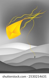 Bright yellow kite soaring in a moody, gray-toned sky, with dynamic curves and a flowing tail. A lone silhouette figure runs below, adding a sense of freedom and movement to the minimalistic landscape