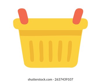 Bright yellow laundry basket with red handles isolated on white background. Concept of household item, cleaning equipment, home organization, laundry icon.