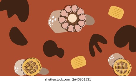 Bright yellow layout decorated with chocolate chip cookies and sprinkle donuts in a fun, colorful dessert theme with red and brown abstract candy shapes.