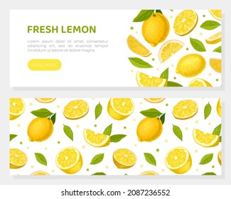 Bright Yellow Lemon Citrus Fruit with Green Leaf Web Banner Vector Template