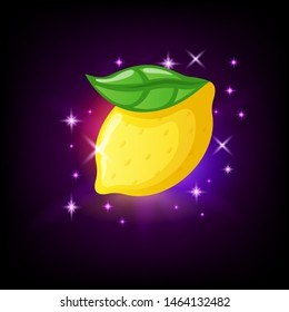 Bright yellow lemon fruit with green leaf, slot icon for online casino or logo for mobile game on dark purple background, vector illustration