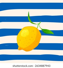 Bright yellow lemon with green leaves on abstract blue and white striped background in modern flat style colorful citrus fruit illustration for summer freshness food and Mediterranean design themes