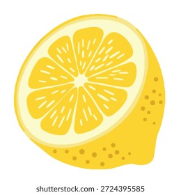 Mitad de limón amarillo brillante que muestra segmentos jugosos y semillas. Vibrante ilustración de cítricos en un estilo de diseño plano, aislado en blanco.