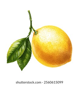 Bright yellow lemon hanging from a branch with fresh green leaves vector illustration. Vibrant colors and natural textures bright lemon on the tree branch.