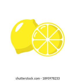 Limón amarillo brillante aislado en un fondo blanco. Jugoso limón entero y una rodaja amarilla redonda de limón. Icono. Estilo de caricatura. Ilustración vectorial en estilo plano