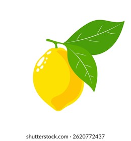 A bright yellow lemon with smooth skin and a couple of green leaves attached is displayed against a clean white background, representing freshness and summer vibes.