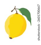 A bright yellow lemon with stem and leaf, isolated on a white background