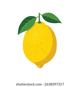  A bright yellow lemon with two green leaves
