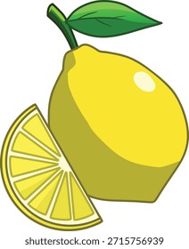 Vector de limón amarillo brillante con hoja sobre fondo transparente. Ideal para diseños de bebidas frescas, etiquetas de productos de limpieza, blogs de cocina y conceptos de salud ricos en vitaminas.