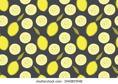 bright yellow lemons with contour and lemon circles on a dark gray background vector seamless pattern
