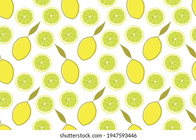 limones amarillos brillantes con círculos de contorno y limoneros sobre un patrón ininterrumpido del vector de fondo blanco