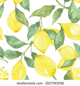 Bright yellow  lemons and green leaves seamless pattern isolated on white background. Botanical illustration.blossoming lemon branch. Abstract geometric texture.