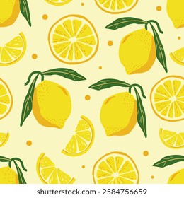 Bright Yellow Lemons and Green Leaves. Whimsical Citrus Pattern with Sliced Lemon Circles, Vibrant Summer Colors, Hand-Drawn Texture, and Retro-Inspired Seamless Repeat Design