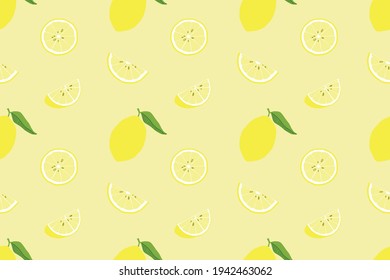 bright yellow lemons and lemon slices on a gentle beige background vector seamless pattern