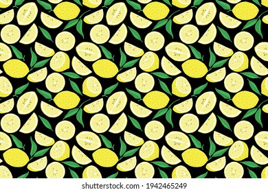 bright yellow lemons on black background vector seamless pattern