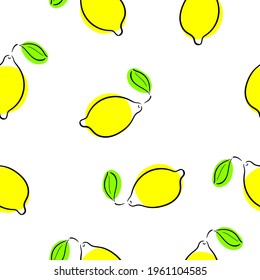Bright yellow lemons one stroke drawing style Simple flat seamless pattern