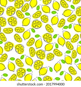Bright yellow lemons one stroke drawing style Simple flat seamless pattern