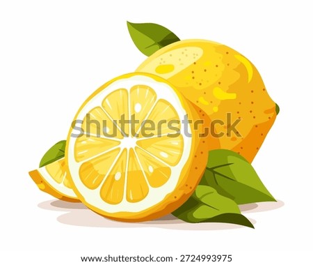 Bright yellow lemons rest next to each other, showcasing a fresh cut revealing juicy, segmented fruit inside. The vibrant hue of the lemons contrasts beautifully with the deep green leaves surrounding them. This vector cartoon style illustration highlights the natural beauty and freshness of lemons, making them appear enticing and lively, perfect for food-themed designs or culinary projects.