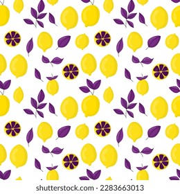 Bright yellow lemons with violet leaves simple seamless pattern