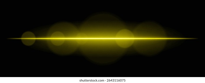 Bright yellow light beam with lens flare circles on dark background. Vivid horizontal glow ideal for futuristic UI, synthwave designs, or neon-inspired transitions.