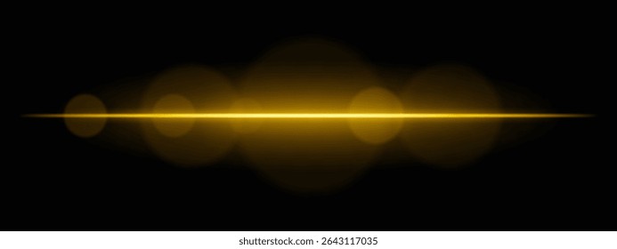 Bright yellow light beam with lens flare circles on dark background. Vivid horizontal glow ideal for futuristic UI, synthwave designs, or neon-inspired transitions.