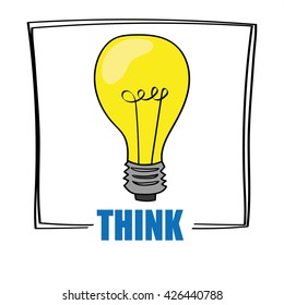 A bright yellow light bulb above the word THINK as a concept for ideas and creativity