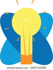 Bright yellow light bulb with blue abstract shapes and orange rays symbolizing ideas, creativity, and innovation. Idea, creativity, innovation