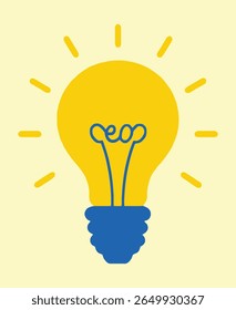 A bright yellow light bulb with blue accents, radiating light on a pale yellow background.