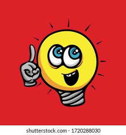 Bright Yellow Light Bulb Finding Solution. AHA Moment Vector Concept. Happy Face Mascot Illustration  