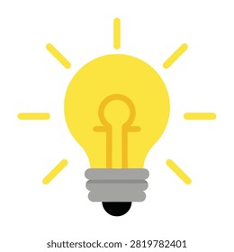 Bright yellow light bulb with gray base and black tip shining with yellow rays