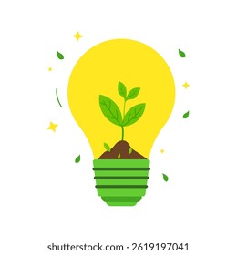 Lâmpada amarela brilhante com broto de planta verde para ideias ecológicas