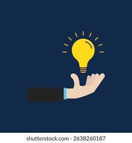 bright yellow light bulb in human hand. concept of visionary or aha moment and smart education motivation and think outside box or imagination. simple flat trend modern graphic art design element