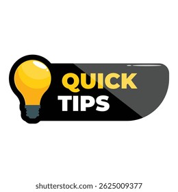 La bombilla amarilla brillante está iluminando un Anuncio negro con los consejos rápidos del texto en blanco y amarillo