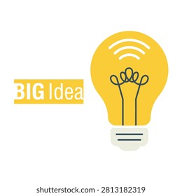 A bright yellow light bulb with a wifi symbol and a big idea text on a clean white background, representing innovation and creativity in technology and business