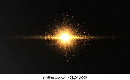 Bright yellow light effect, flash of light in outer space for vector illustration.