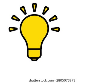 Bright yellow lightbulb with black outline and rays on white
