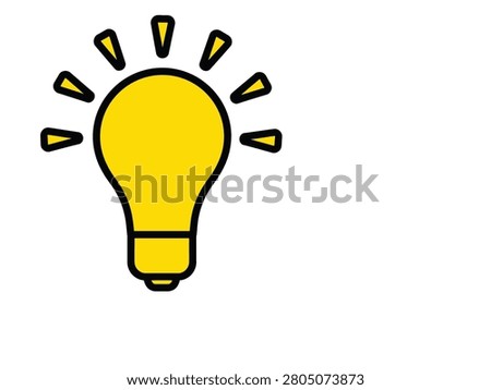 Bright yellow lightbulb with black outline and rays on white
