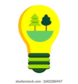 Bright yellow lightbulb with green trees and land, symbolizing eco-friendly energy, sustainability, and environmental conservation.