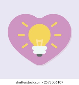 A bright yellow lightbulb radiates within a soft pink heart shape on a light background