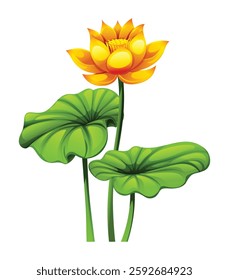 Bright yellow lotus flower blooming with leaves. Vector cartoon illustration
