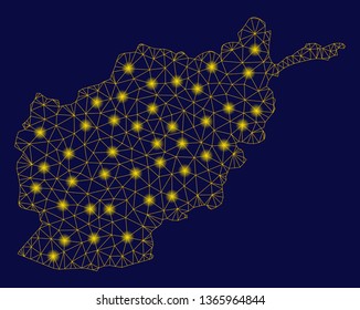 Bright yellow mesh Afghanistan map with glow effect. Wire frame triangular mesh in vector EPS10 format on a dark black background. Abstract 2d mesh designed with polygonal grid, points,