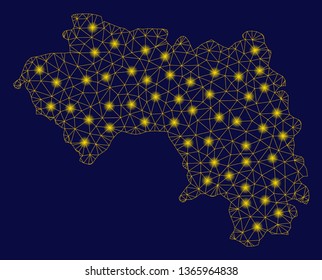 Bright yellow mesh African Guinea map with glow effect. Wire frame triangular mesh in vector EPS10 format on a dark black background. Abstract 2d mesh designed with triangular lines, small circle,