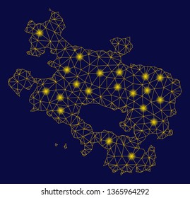 Bright yellow mesh Alava Province map with lightspot effect. Wire carcass triangular mesh in vector EPS10 format on a dark black background. Abstract 2d mesh designed with triangles, small circle,
