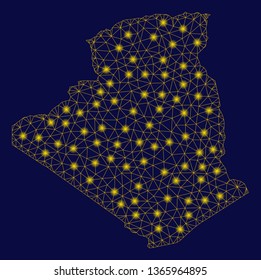 Bright yellow mesh Algeria map with glow effect. Wire frame polygonal mesh in vector EPS10 format on a dark black background. Abstract 2d mesh designed with polygonal grid, dots,