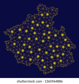 Bright yellow mesh Altai Republic map with glare effect. Wire frame polygonal mesh in vector EPS10 format on a dark black background. Abstract 2d mesh designed with triangles, spheric points,