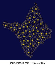 Bright yellow mesh Amapa state map with glare effect. Wire frame polygonal mesh in vector EPS10 format on a dark black background. Abstract 2d mesh designed with triangles, dots,