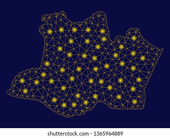 Bright yellow mesh Amazonas State map with glare effect. Wire frame triangular mesh in vector EPS10 format on a dark black background. Abstract 2d mesh built from triangular lines, small circle,