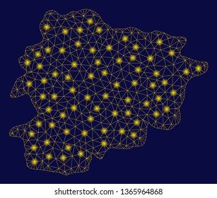 Bright yellow mesh Andorra map with glare effect. Wire frame polygonal mesh in vector EPS10 format on a dark black background. Abstract 2d mesh designed with triangles, round dots,