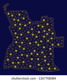 Bright yellow mesh Angola map with glow effect. Wire frame triangular mesh in vector EPS10 format on a dark black background. Abstract 2d mesh designed with triangular lines, small circle,