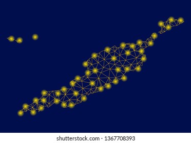 Bright yellow mesh Anguilla Islands map with glow effect. Wire carcass triangular mesh in vector EPS10 format on a dark black background. Abstract 2d mesh designed with triangles, points,